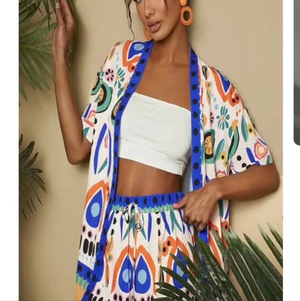 Colorful Abstract Print Kimono Set With Shorts